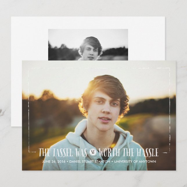 Tassel wert Hassle in White Grad Ankündigung (Vorne/Hinten)