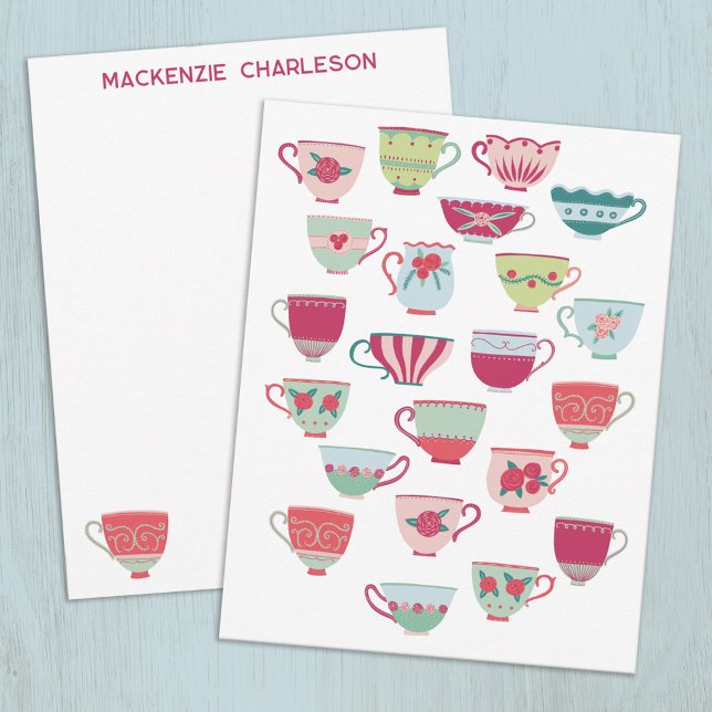Tassen Spass Retro Vintage Personalisiert Mitteilungskarte (Retro China Teacups personalized name or text notecards)