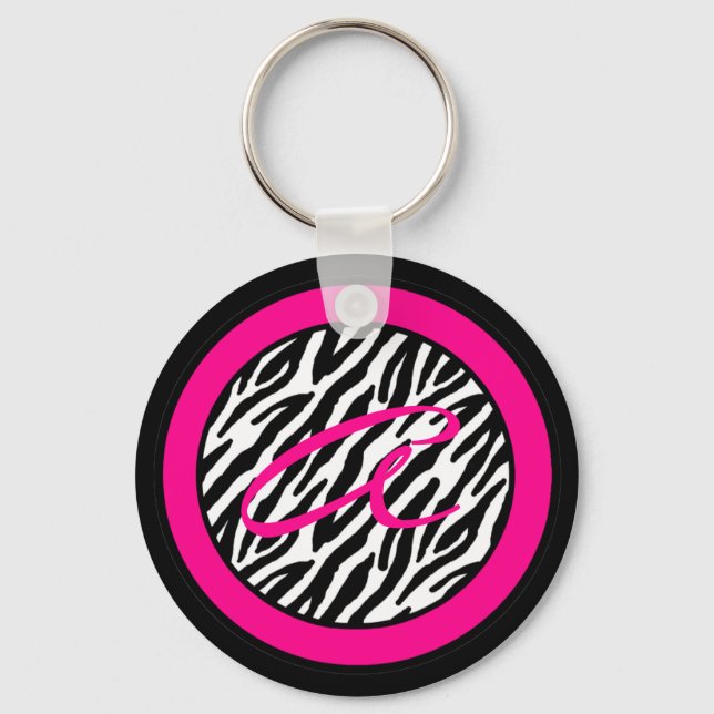Tastenkette Monogramm Hot Pink Zebra Animal Print Schlüsselanhänger (Vorderseite)