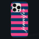 Tastrosa und Navy Strips, benutzerdefinierte Skrip iPhone 16 Pro Hülle<br><div class="desc">Dress up and protect your iphone with a preppy,  modern and fett gestreifte pattern design,  that is custom mit Monogramm with your first name in a Kleinbuchstaben script Schriftart. Dunkle Marine / indigoblau und heiß magenta rosa horizontale Streifen kontrastiert mit weißem Text.</div>