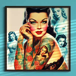Tätowiermädchen im Retro-Stil Poster