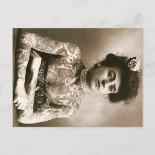 Tätowierte Dame mit Perlen Postkarte Vintage Zirku