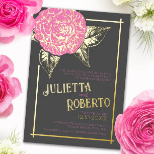 Tätowierte Kamelie Hochzeit rosa braun und gold Folieneinladung