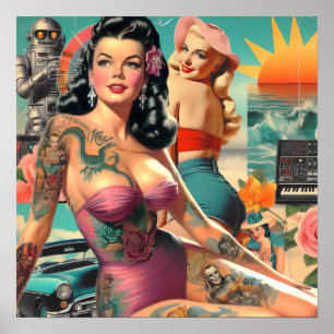 Tätowierte Sommer-Pin-up-Collage Poster