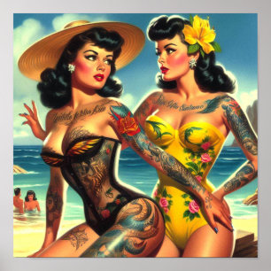 Tätowierte Vintage-Strand-Pin-ups Poster