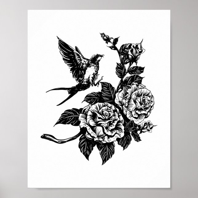 Tätowierungsart für Vögel und Rose Poster (Vorne)