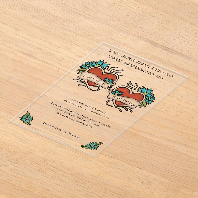 Tattoed Hearts Tattoo Grafische Hochzeit Acryleinladungen (Ablage )