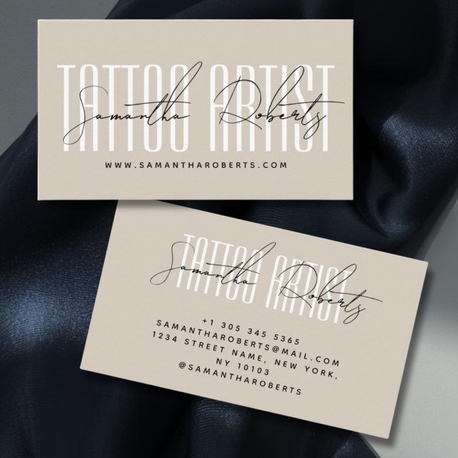 Tattoo artist modern typography script beige visitenkarte (Von Creator hochgeladen)