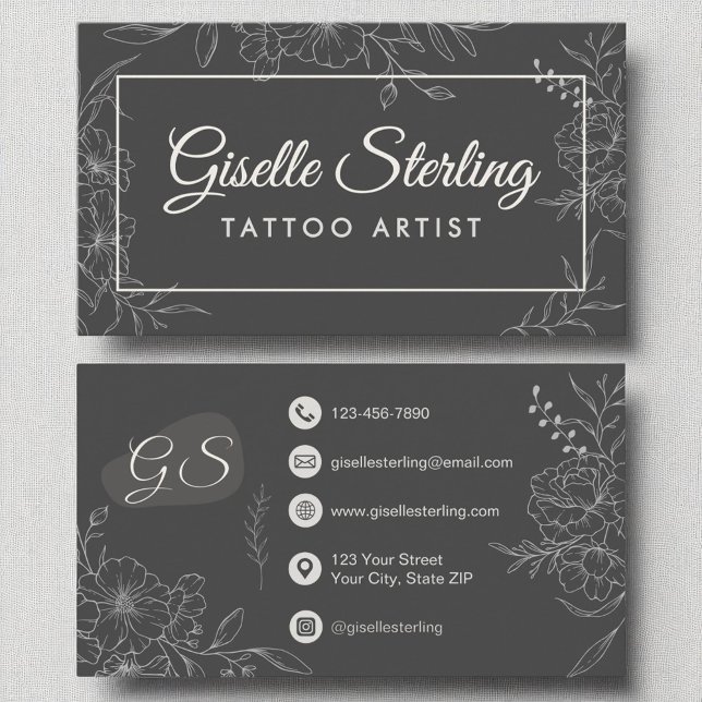 Tattoo Artist Moody Charcoal Gray Floral Moderne Visitenkarte (Von Creator hochgeladen)