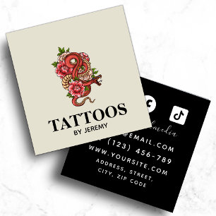 Tattoo Artist Pastel & Red Dragon Add Social Media Quadratische Visitenkarte