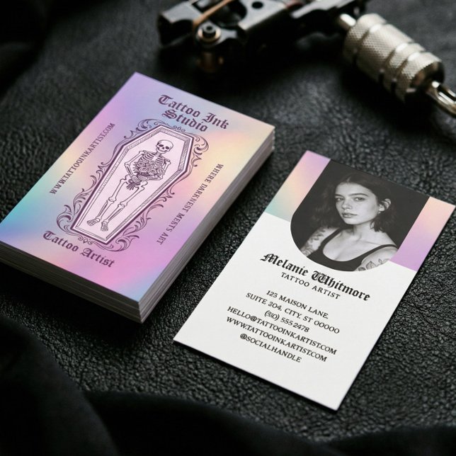 Tattoo Artist Photo Iridescent Gothic Skeleton Visitenkarte (Iridescent Gothic Skeleton Tattoo Artist Photo Business Card)