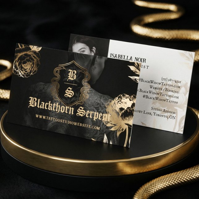 Tattoo Artist Photo Monogram Black Gold Snake  Visitenkarte (Tattoo Artist Photo Monogram Black Gold Snake Business Card)