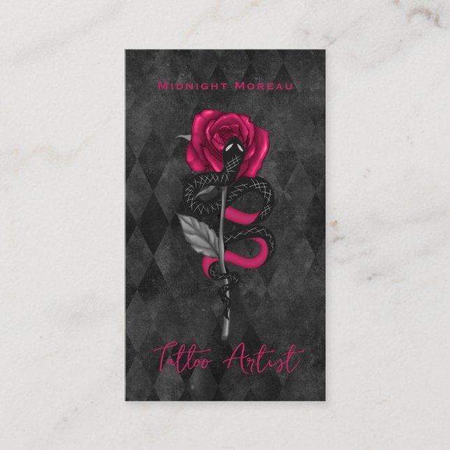 Tattoo Artist Snake Pink Rose QR Code Visitenkarte (Vorderseite)
