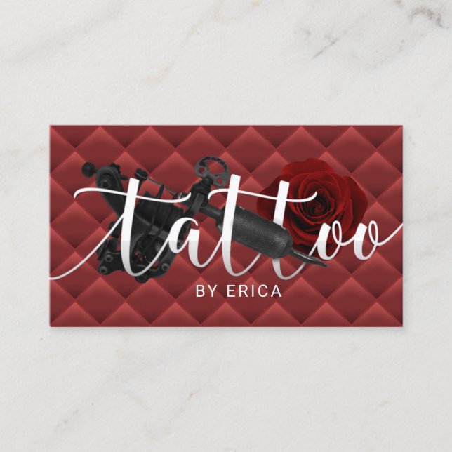 Tattoo Artist Tattoo Gun & Rose Lux Rot gequilt Visitenkarte (Vorderseite)