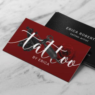 Tattoo Artist Tattoo Gun & Rose Typografie Rot Visitenkarte