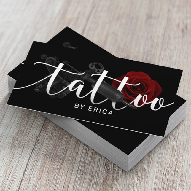 Tattoo Artist Tattoo Gun & Rose Typografie Visitenkarte (Von Creator hochgeladen)