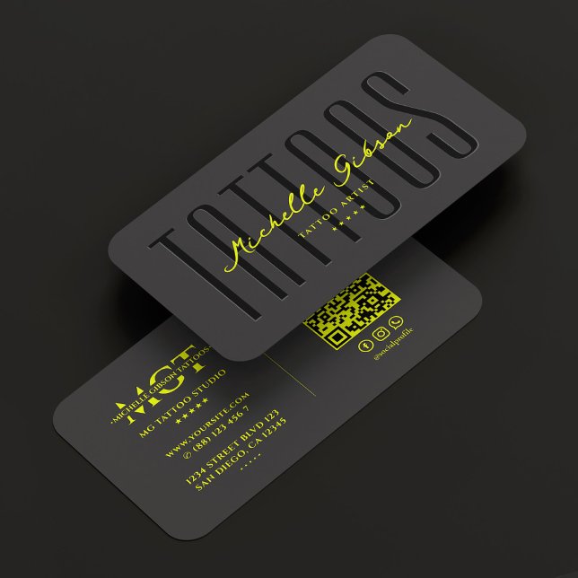 Tattoo Artist Tattoos Neon Yellow Modern Visitenkarte (Tattoo Artist Tattoos Neon Yellow Modern Business Card
)