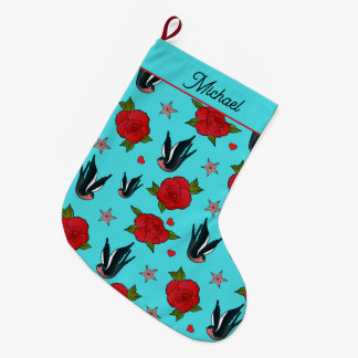 Tattoo Birds and Rose Rockabilly Gemustert Großer Weihnachtsstrumpf