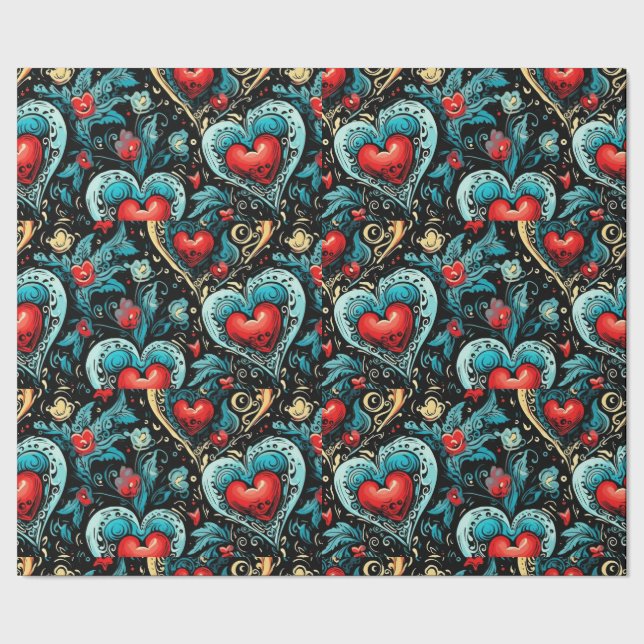 Tattoo Blue Red Hearts Theme Geschenkpapier (Saum)