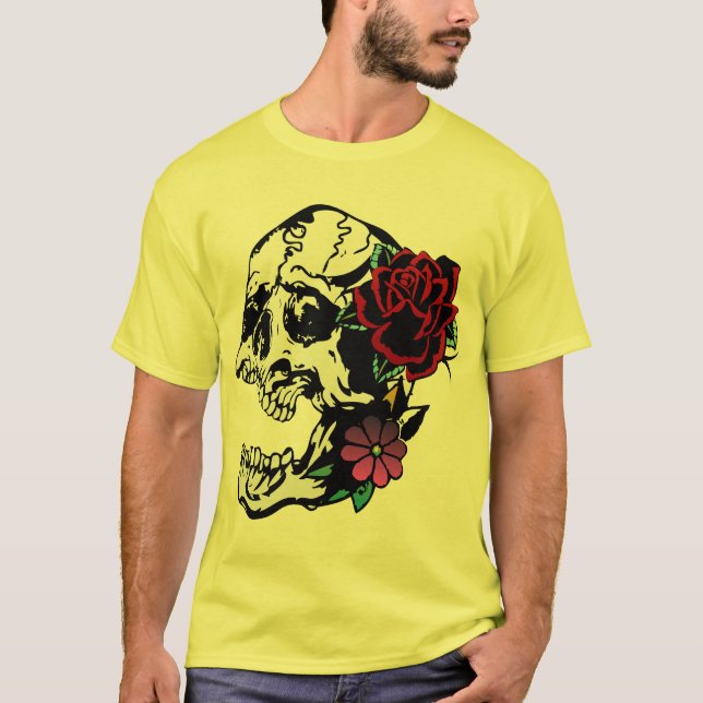 Tattoo Crane Rose Blume Todeskopf Old School T-Shirt (Vorderseite)