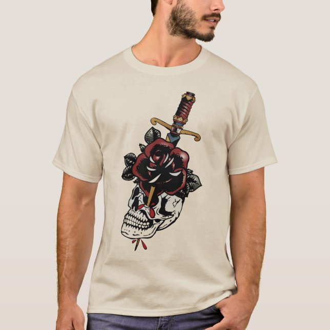 Tattoo Crane Todeskopf Dague old School Fleur r T-Shirt (Vorderseite)