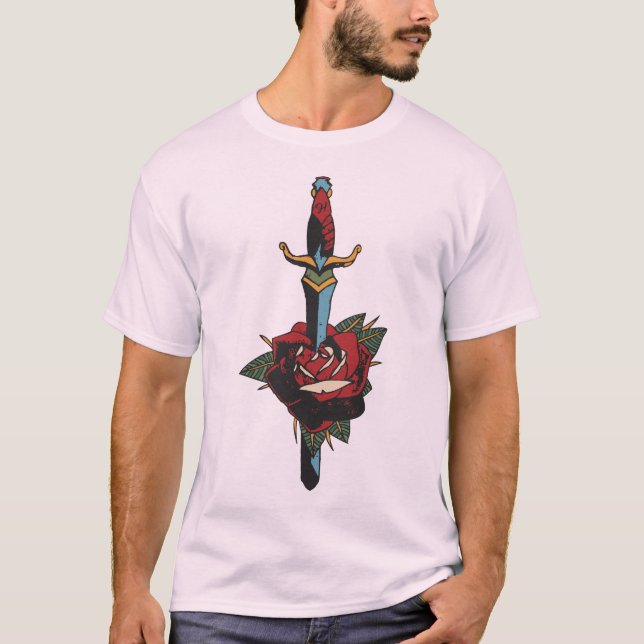 Tattoo Dague Transperce Rose Fleur old School Tato T-Shirt (Vorderseite)