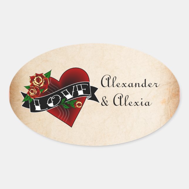Tattoo Herz und Rose Custom Ovaler Aufkleber (Vorderseite)
