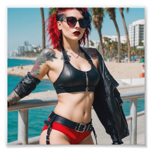 Tattoo Punk Red Hair Beach Shades Swimsuit Girl Fotodruck (Vorne)