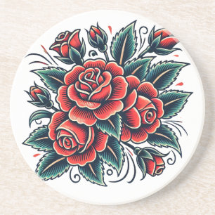 Tattoo Rose Rote Rose Blume Kunst Getränkeuntersetzer