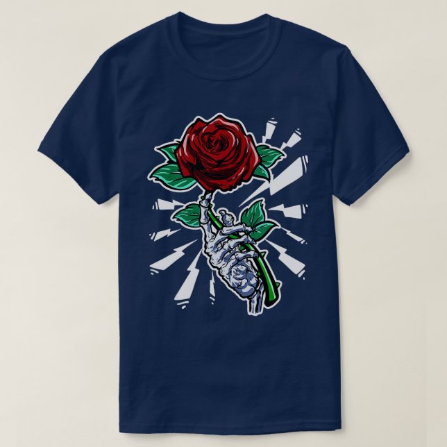 Tattoo Skeleton Hand Rote Rose Blume T-Shirt (Design vorne)