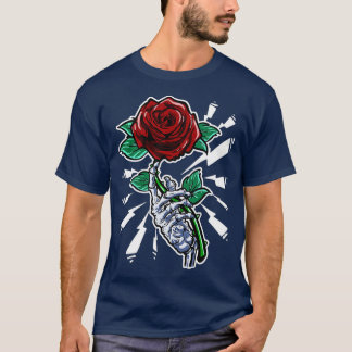 Tattoo Skeleton Hand Rote Rose Blume T-Shirt