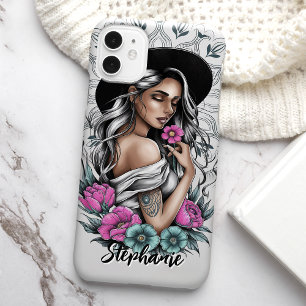 Tattoo-Stil Boho-Frau mit Neon-Blumen Maßanfertigu Case-Mate iPhone Hülle