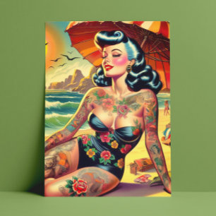 Tattoo-Strand-Pin-up Postkarte