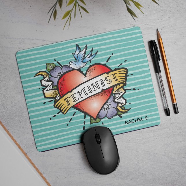 Tattoo Style Heart Feminist in Aqua Mousepad (Be ready to rock out with this tattoo style heart mouse pad. )