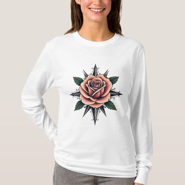 Tattoo Style Rose Compass T-Shirt Design (Vorderseite)