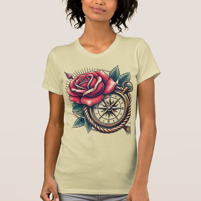Tattoo-Style Rose und Compass T - Shirt Design (Vorderseite)