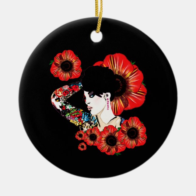 Tattoo Tintenfisch unter Mohn Blume Kunst von Leah Keramik Ornament (Vorne)