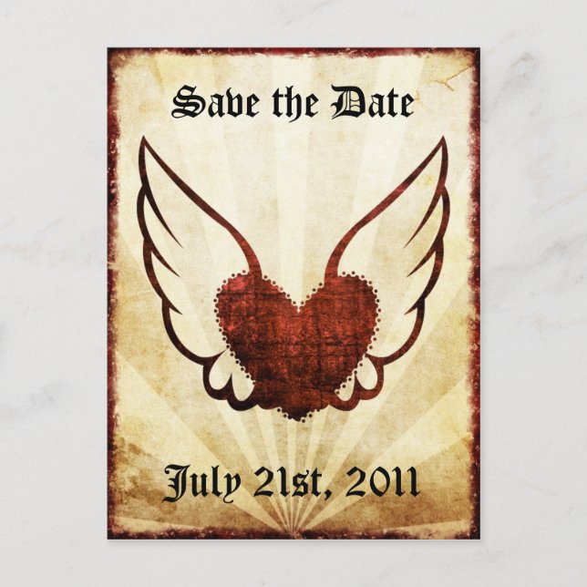 Tattoo Winged Heart Save the Date Postcard Ankündigungspostkarte (Vorderseite)