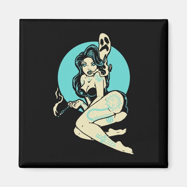 Tattooed Goth Button-up Girl Horror Ghost Moon Roc Magnet (Vorne)