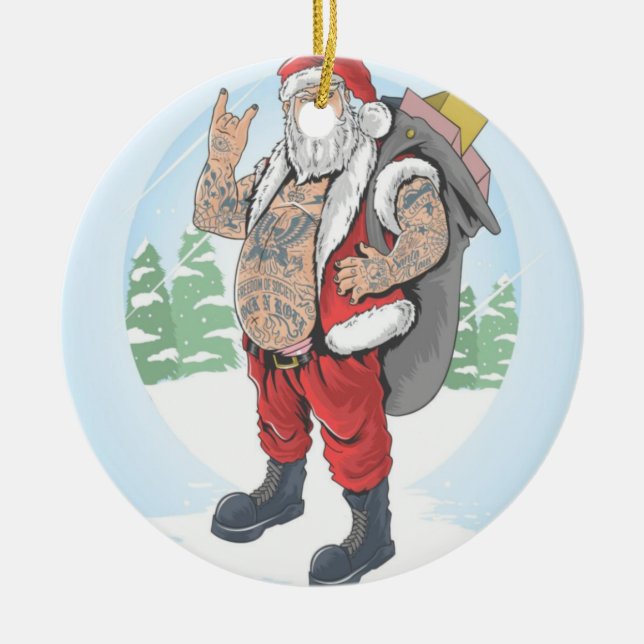 TATTOOED SANTA CLAUS FÜHRT EINEN GESCHENKELBAND KERAMIK ORNAMENT (Vorne)