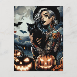 Tattooische Hexe mit schwarzer Katze und Vollmond Postkarte