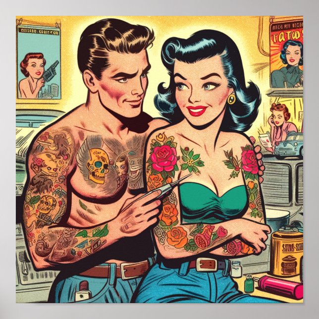 Tattooot Couple Vintage Comicen Poster (Vorne)