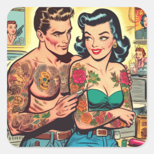 Tattooot Couple Vintage Comicen Quadratischer Aufkleber