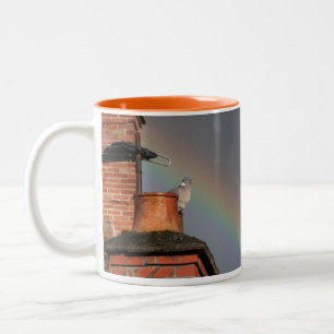 Taube auf dem Topf mit der Regenbogen-Tasse Zweifarbige Tasse