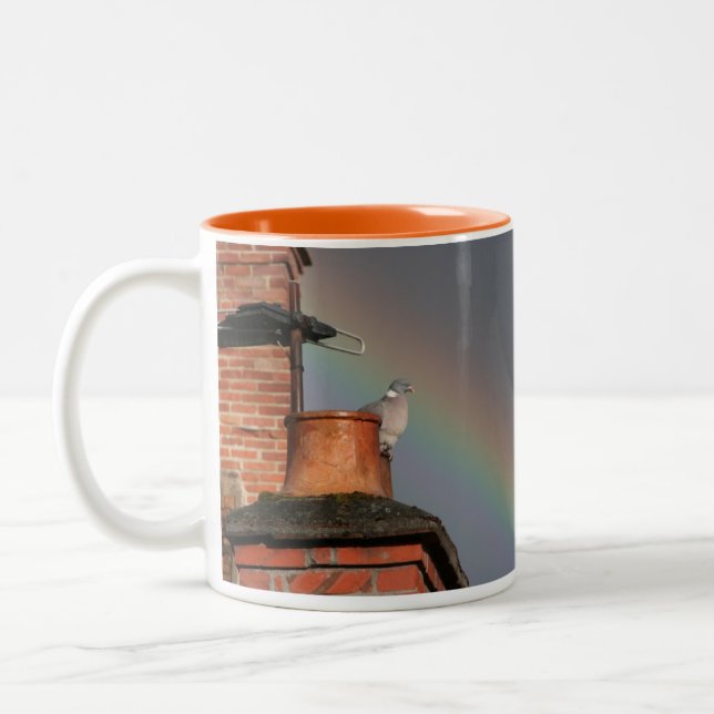 Taube auf dem Topf mit der Regenbogen-Tasse Zweifarbige Tasse (Links)