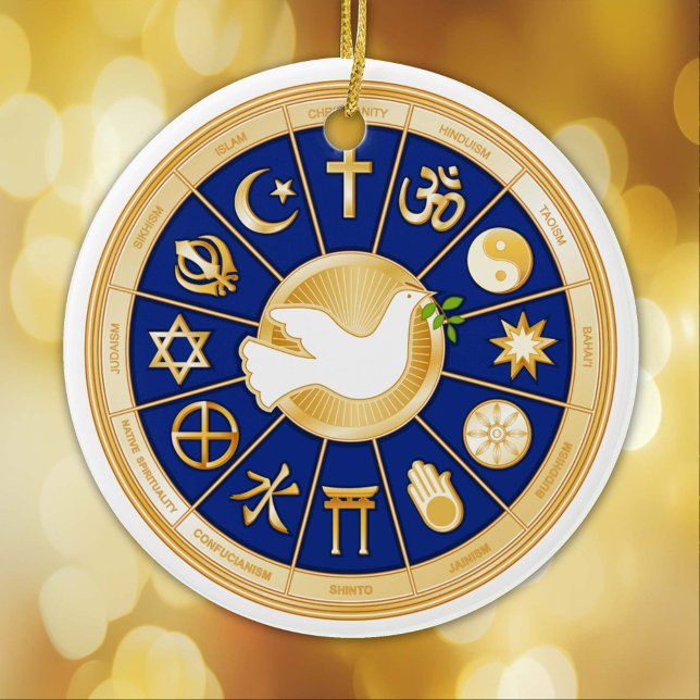 Taube der Friedensverzierung Keramikornament (Gold icons of world faiths mandala surround the Dove of Peace, international symbol of harmony. )