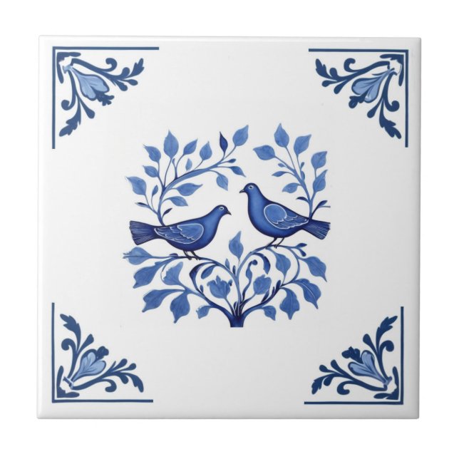 Taube Dove Bird Couple Blue White Delft Corners Fliese (Vorderseite)