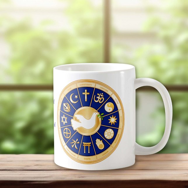 Taube Kaffeetasse (Dove of Peace Mug. Gold icons of world faiths surround the international symbol of harmony.)