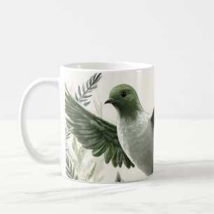 Taube oder Vogel fliegt zwischen Laub Kaffeetasse