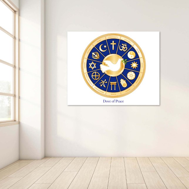 Taube Poster (Dove of Peace Poster
Horizontal version with "Dove of Peace" title. Gold icons of world faiths.)